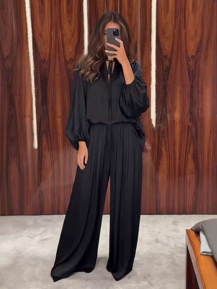 Early Autumn V-Neck Tie Loose Casual Top & Pants Set - Black - View 6