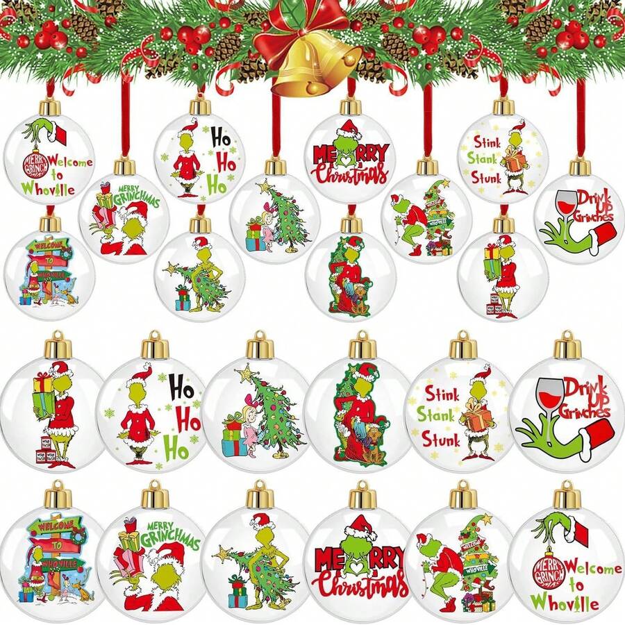 The Grinch The 12pcs Christmas Plastic Ball Ornaments, Green Elf Christmas Tree Decorative Balls For Holiday Decor - 2D Flat Pendant - View 1