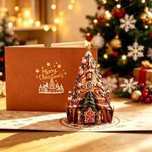 Opjoys 1pc 3D Gingerbread Christmas Tree House 3D Pop-Up Greeting Card, Cute Illustration Style Paper Carving Card, Classic Christmas Holiday Element 3D Folding Greeting Card, Festive Atmosphere Gift Card - View 1
