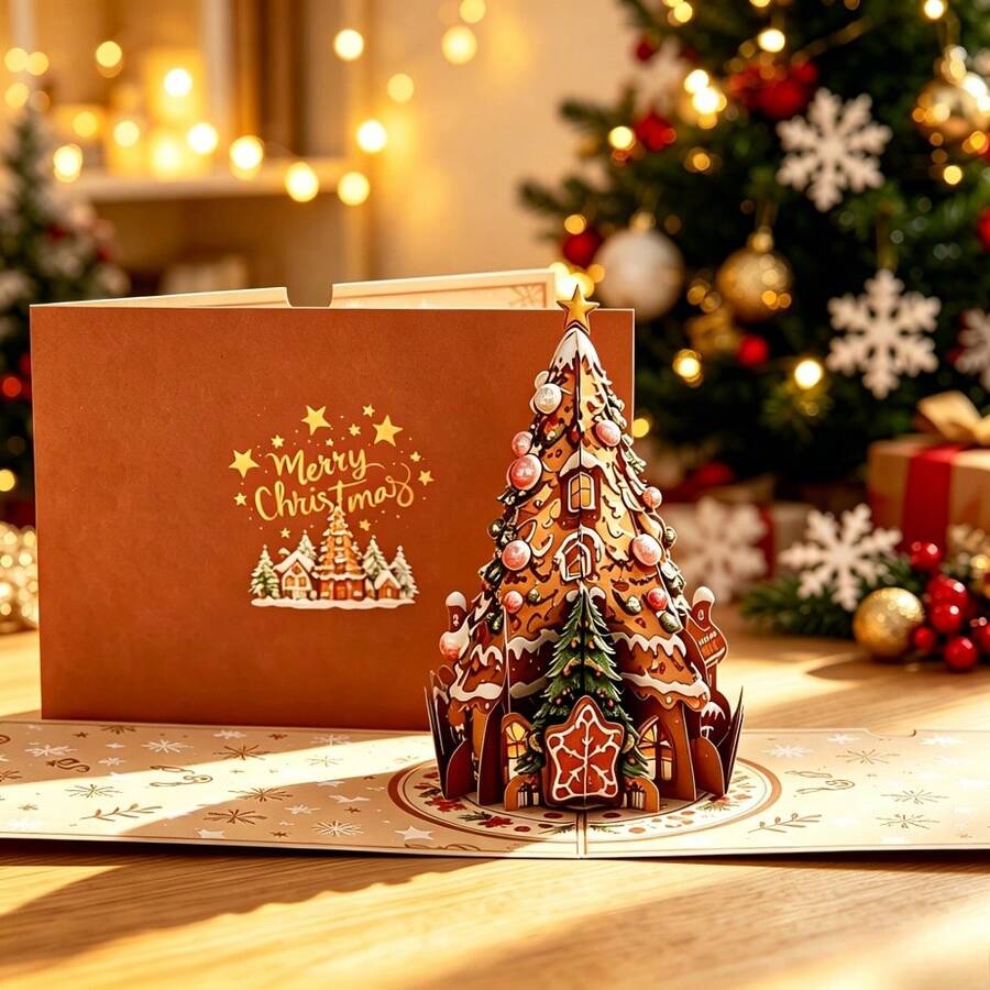 Opjoys 1pc 3D Gingerbread Christmas Tree House 3D Pop-Up Greeting Card, Cute Illustration Style Paper Carving Card, Classic Christmas Holiday Element 3D Folding Greeting Card, Festive Atmosphere Gift Card - View 1