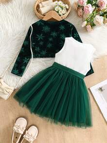 Girls' Sleeveless Printed Mesh Tutu Dress With Waist Belt, Paired With Snowflake Pattern Cardigan, Comfortable Fabric, Fashionable Style Suitable For Christmas, Party, Formal Occasions, Holiday Gatherings And Everyday Wear - Dark Green - View 4