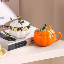 1pc 3D Pumpkin Shaped Ceramic Mug With Lid And Spoon, Autumn Thanksgiving Halloween Theme Coffee Cup, Holiday Home Desktop Decor Gift - Multicolor - View 7