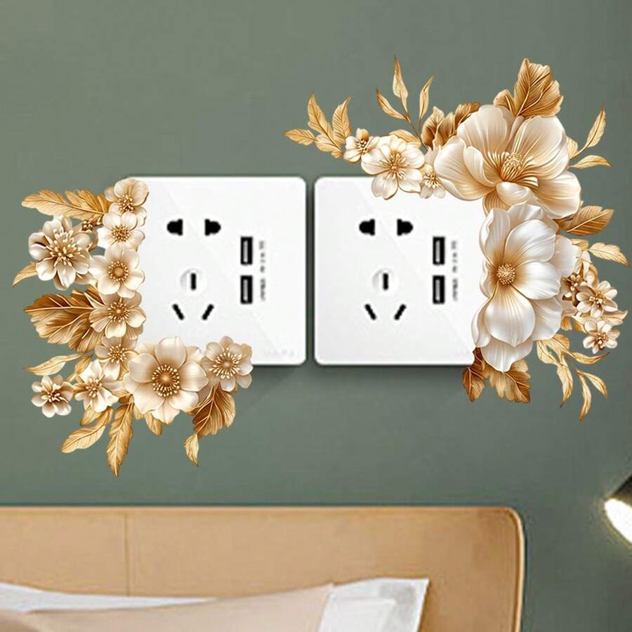 1pc Luxury Gold Floral Outlet Frame Sticker, Self-Adhesive Wall Decal For Home Switch Corner Decoration - Multicolor - View 1