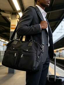 Men's Black Waterproof Nylon Briefcase Large Capacity Multi-Pocket Laptop Shoulder Bag Business Work Office Handbag For Daily Commute Travel - Black - View 4