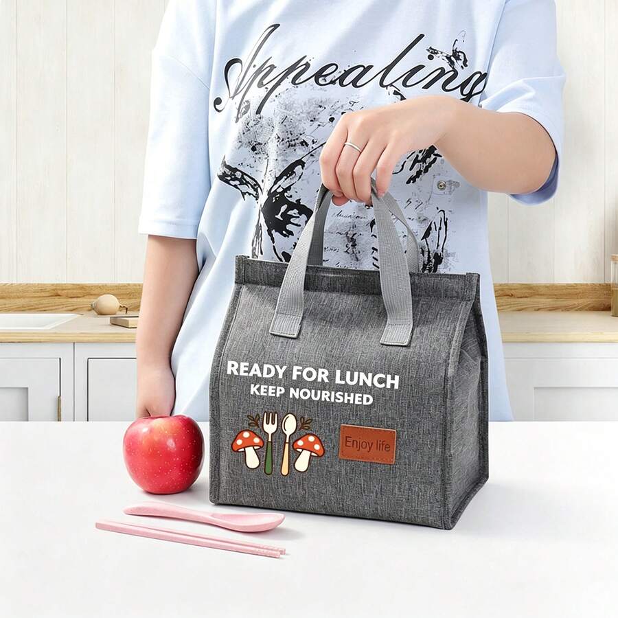 "Ready For Lunch" Minimalist Fashion Lunch Bag, Personalized Print, Cute Minimalist Pattern Print, Multiple Colors Available, Essential Lunch Insulated Bag For Office Workers, Student Bento Bag. - View 1