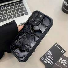 Black Frame Staircase Eye Phone Case, Neutral Coffee Ink Marble Swirl Print Shockproof Soft TPU Protective Cover With Raised Camera Lens Frame, Compatible With Apple 11, 12, 13, 14, 15, 16, 17, 18 Pro Max, Minimalist Neutral Style Phone Case Designed For Women - Black - View 4