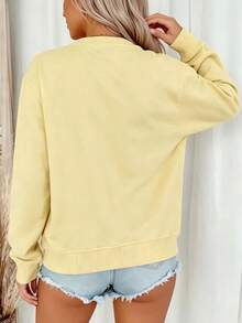 Women's Yellow Long Sleeve Crew Neck Pullover Sweatshirt, Ribbed Knit Detail, Casual, Suitable For Spring And Autumn Wear - Light Yellow - View 3