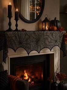 Halloween Fireplace Decor, Fireplace Shawl, Scarf And Tablecloth; Black Lace Spider Web For Decorating Tables, Doors, Windows And Fireplaces; Halloween Decorations - Tablecloth + Table Runner + Fireplace Mat - View 3