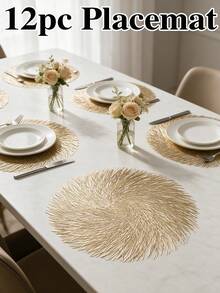 6pcs, Gold Round Hollow PVC Placemats, Washable Tabletop Decor Mats, Non-Slip Odorless Tableware Mats, Durable Highly Attractive Coasters, Suitable For Restaurants, Cafes, Homestays, Fit For Festivals, Parties, Gatherings, Birthdays, Weddings, Dinners. - Multicolor - View 17