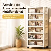 Armário Organizador Multiuso Dobrável 6 Camadas, Largura 48cm Branco Creme, Portas Semitransparentes Fumê à Prova de Poeira, Travas Laterais Empilháveis, Rodinhas 360° com Trava, Organizador Doméstico para Roupas, Brinquedos, Cosméticos, Livros, Utensílios, Quarto, Cozinha e Sala  L - Bege - Visão 4