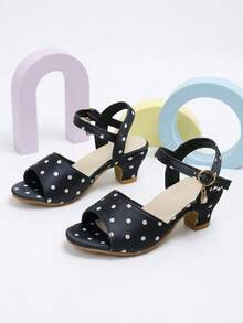 1 Pair Girls' Black Polka Dot Buckle Cute High Heel Sandals, Suitable For Party, Performance, Daily Wear, Shopping - Black - View 6