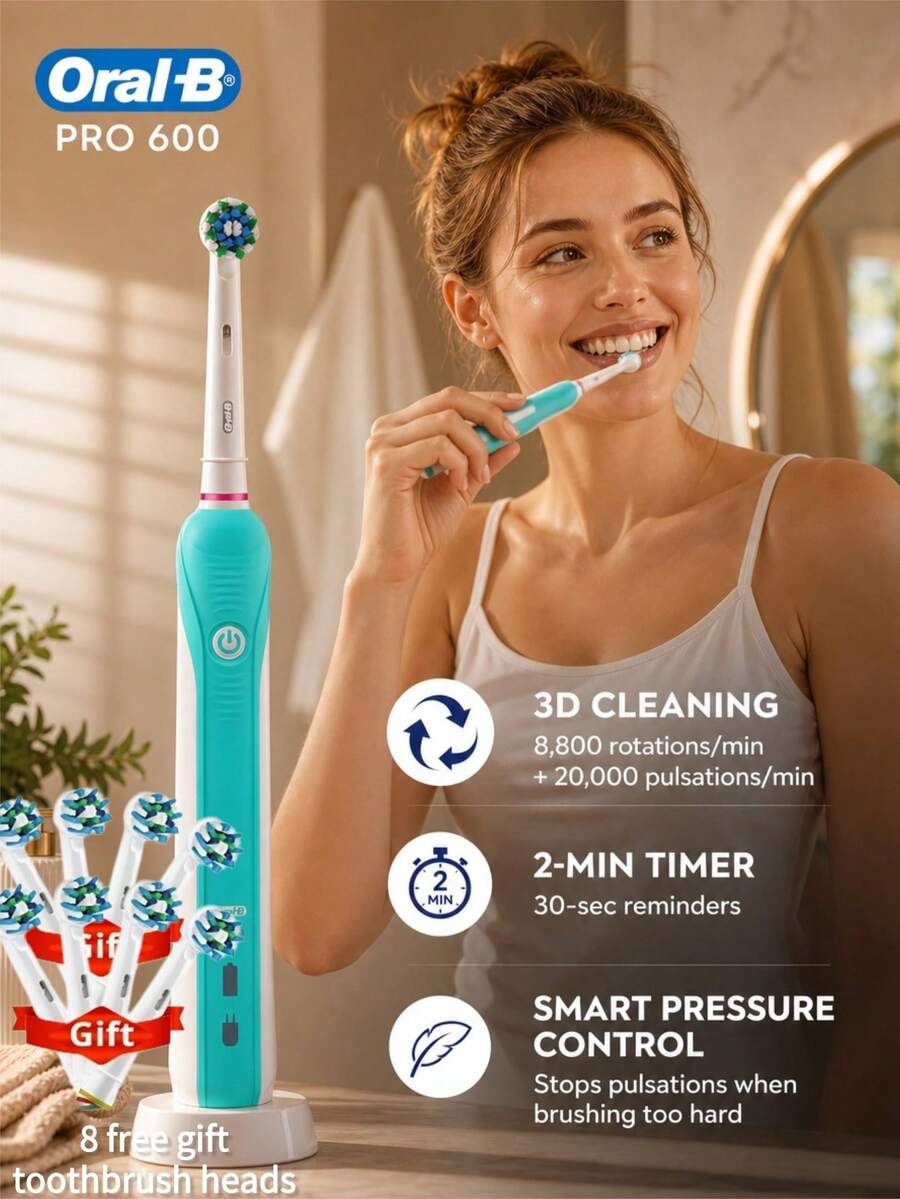 Oral-B Pro600 3D Electric Toothbrush Intelligent Pressure Control 2-Minute Timer 30-Second Interval Reminder IPX7 Waterproof - Multicolor - View 1