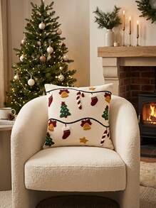 Cirelle 1pc Christmas Tufted Embroidered Pillow Case, 18x18 Inch Soft Plush Christmas Tree, Bell, Christmas Stocking, Candy Cane And Star Decorative Cushion Cover, Suitable For Sofa Bed, Holiday Home Decor, Without Insert - Beige - View 2
