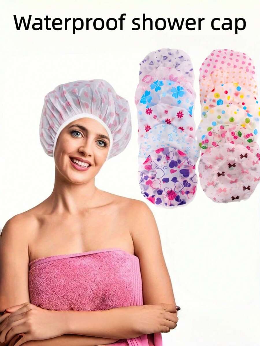 2/5 Fashionable Shower Caps, Women's Hairnets, Adjustable Elastic Printed Shower Caps, Reusable, Made Of PE Material, Suitable For Showering, Makeup And Hotel Use, Colors Are Random - View 1