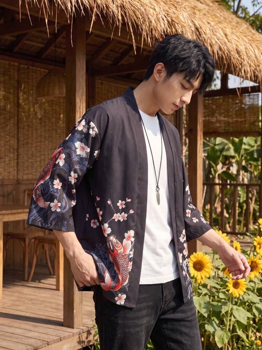 浮世绘樱花锦鲤印花七分袖和服开衫,男士宽松休闲防晒浴袍,日式外套 - 黑色 - 查看 1