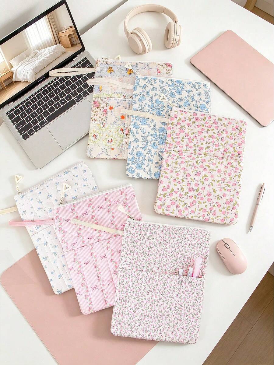 1pc Floral Quilted Book Cover With Zipper 11.02" X 8.66" Carrying Handle Book Storage Bag Padded Protective Book Sleeve Pencil Case Bible Storage Bag - Multicolor - View 1