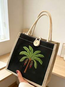 Bohemian Retro Coconut Tree Pattern Handbag, Women's Handbag,Portable Casual Storage Bag, Multifunctional Shopping Bag, Large Capacity Minimalist Decoration, Perfect Gift For Middle Eastern National Day, Halloween, Christmas,Travel Essential - Multicolor - View 12