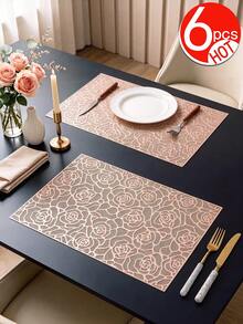 Tkvega • Home 2-12pcs Gold Rose Placemats, PVC Material Minimalist Style Foil Stamped Vase Mat, Washable, Easy To Clean, Wipeable, Non-Slip, Heat Resistant, Dining Table Mat, Suitable For Room Decor, Home Dining Table Decor, Home Decor, Ideal For Holidays, Parties, Birthdays, Weddings And Dinner Parties - Multicolor - View 12