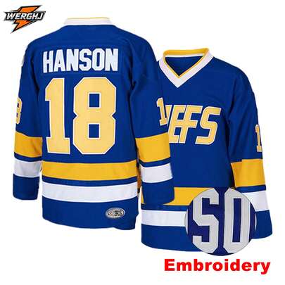 Men's #18 Slap Shot Movie Charlestown Jeff Hanson Brothers Embroidered Hockey Jersey, Game & Training Hockey Uniform