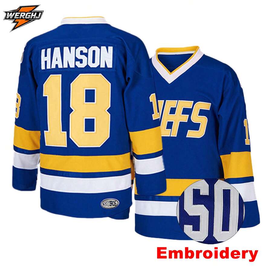 Men's #18 Slap Shot Movie Charlestown Jeff Hanson Brothers Embroidered Hockey Jersey, Game & Training Hockey Uniform