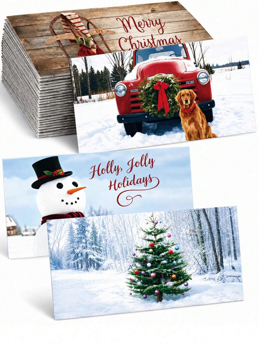 12pcs Realistic Christmas Envelopes With Snowman, Christmas Tree And Red Truck Patterns, Christmas Cards, Mailing Bags, Christmas Card Packaging, Christmas Money Bags, Christmas Party Gift Bags, Christmas Party Supplies, Christmas Decorations, 2027 New Year Gifts, Christmas Party Decorations, Merry Christmas Decoration For Home, Merry Christmas