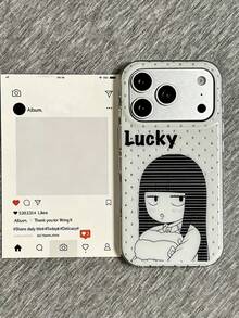 1件裝 黑白卡通女孩印花手機殼，銀色波點邊框「Lucky」字母大相機窗亮面硬殼保護套，適用 18 Pro Max、17、16 Pro、15 Pro、14 Pro、13、12、11，Y2K 風格手機殼 - 黑白波點爽子 - 查看 1