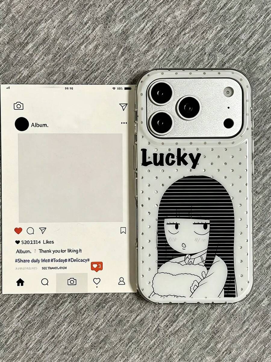 1件裝 黑白卡通女孩印花手機殼,銀色波點邊框「Lucky」字母大相機窗亮面硬殼保護套,適用 18 Pro Max、17、16 Pro、15 Pro、14 Pro、13、12、11,Y2K 風格手機殼 - 黑白波點爽子 - 查看 1