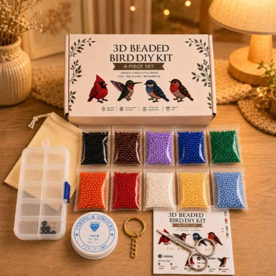 DIY 3D Beaded Bird Ornament Handmade Kit (4 Birds), Complete Beaded Materials + Step-By-Step Instructions, Healing Leisure Craft Material Pack, Creative Gift For Handmade Enthusiasts, Desktop Home Decor