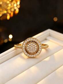 1pc Elegant Court Style Round Disc Zirconia Inlaid Ring, Textured Spiral Band, Exquisite Atmosphere Accessory, Dating & Banquet Elegant Outfit Piece - Ring - View 14