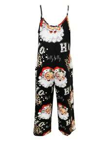 Plus Size Santa Claus Print Spaghetti Strap Jumpsuit With Pockets, Sleeveless Spaghetti Strap, Suitable For Holiday Loungewear And Christmas Party - Black - View 2