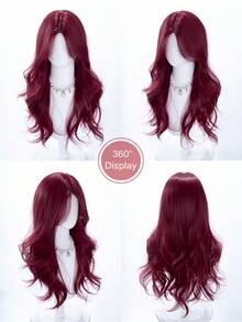 alicegarden Wig sintetis sepanjang 28 inci dengan gaya bergelombang alami dalam warna burgundy yang memukau. Desain belahan tengah, wig palsu ini sangat cocok untuk cosplay Halloween dan penggunaan sehari-hari, menawarkan hadiah wig yang alami dan tahan lama untuk para wanita. - Burgundy - View 8