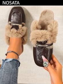 New Autumn/Winter Women's Rhinestone Square Toe Slippers, Flat Mule Fur Slides, Soft Sole Non-Slip Comfortable Metal Decor Slip-On Shoes, Minimalist Elegant Versatile For Commute, Office, Daily Wear - Coffee - View 1