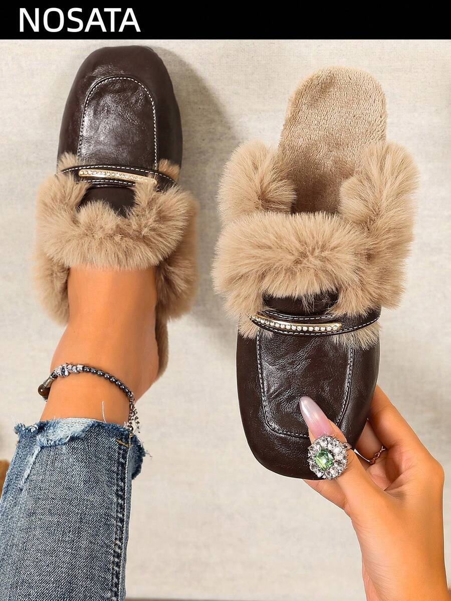 New Autumn/Winter Women's Rhinestone Square Toe Slippers, Flat Mule Fur Slides, Soft Sole Non-Slip Comfortable Metal Decor Slip-On Shoes, Minimalist Elegant Versatile For Commute, Office, Daily Wear - Coffee - View 1