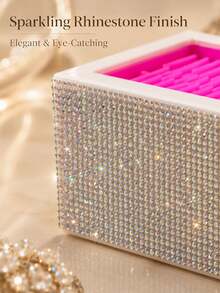 Two-Tone, Multicolored Rhinestone Finish-Rectangular Makeup Brush Organizer-Cosmetics Storage Box With Adjustable Compartments For Makeup And Nail Care Tools-Ideal For Placement On A Bedroom Vanity Or Similar Settings - Multicolor - View 6