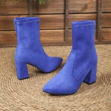 Mother's Day Women's Classic New Pointed Toe Chunky Heel High Heel Boots Versatile Fashion Ankle Boots Elastic Mid-Calf Boots - Blue - View 8