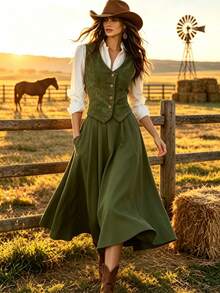 Vuslat Women's Autumn French Fashion Elegant Vintage Palace Style Office Commute V-Neck Tank Top & Slip Dress 2 Pieces Set - Green - View 4