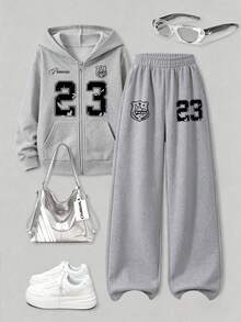 2pcs/Set Zip-Up Hoodie & Wide Leg Pants Set For Girls, 23 Print Zip-Up Hoodie + Wide Leg Sweatpants Matching Outfit, Autumn/Winter Set, Campus Style, Homecoming Outfit - Grey - View 2