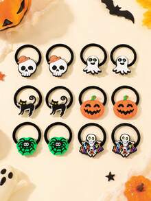 12PCS Halloween Hair Ties For Girls, Ghost Skull Pumpkin Spider Web Elastic Hair Bands For Halloween Party,Kids Hair Accessories - Multicolor - View 1