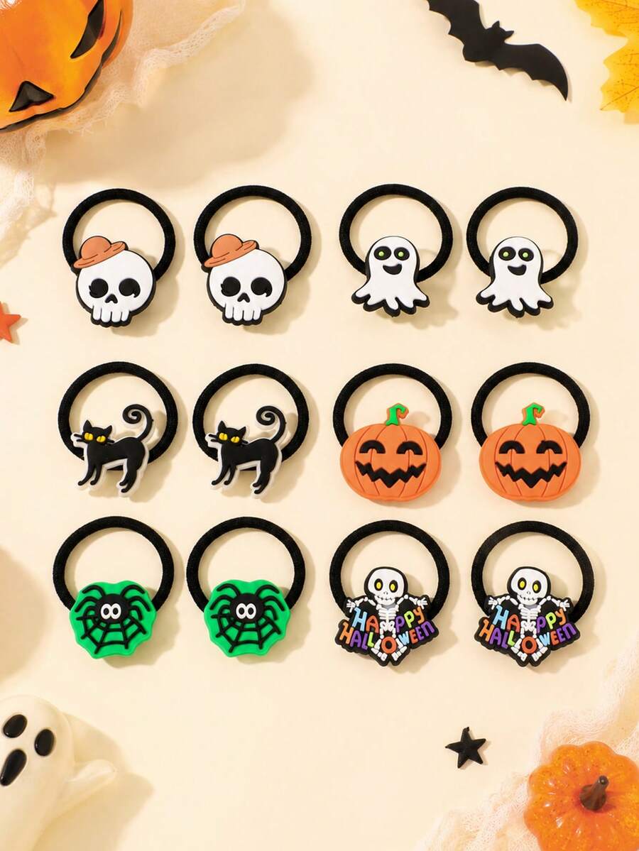 12PCS Halloween Hair Ties For Girls, Ghost Skull Pumpkin Spider Web Elastic Hair Bands For Halloween Party,Kids Hair Accessories - Multicolor - View 1