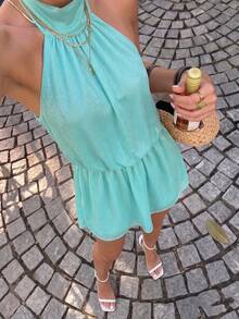 Casual Fashion Green Halter Backless Mini Dress, Adjustable Back Tie, Flared A-Line Skirt Wedding Party Fall - Mint Green - View 3