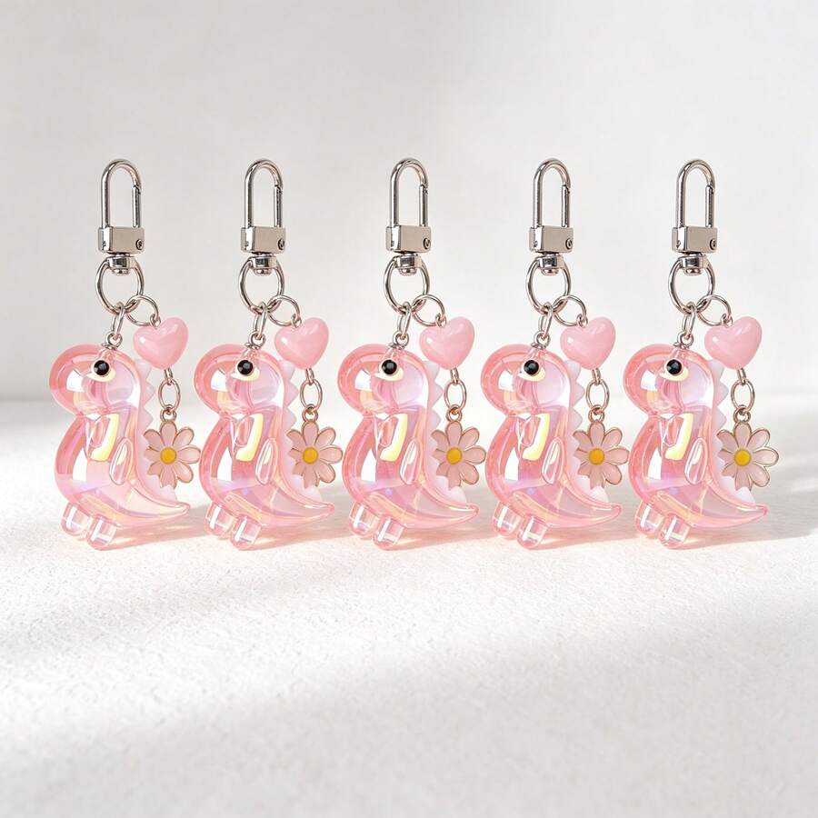 1 Set 5pcs Unisex New Electroplated Iridescent Cute Little Dinosaur Keychain Cartoon Transparent Dinosaur & Star Accessories Suitable As Gift For Best Friends Bag Pendant - Multicolor - View 1