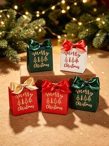 5Pcs Merry Christmas Mini Gift Bags With Satin Ribbon Bows, Metallic Tree And Festive Lettering Print, Red Green Or White Paper Packaging For Jewelry, Small Presents, Secret Santa Gifts, Stocking Stuffers And Holiday Party Favors - 7X5X7cm - View 2