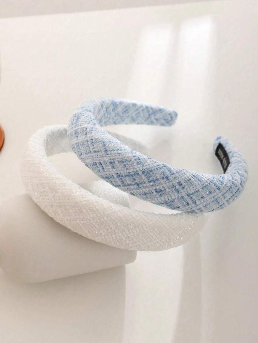 2pcs Minimalist High Crown Headband, Elegant Woven Women's Hair Accessory, Blue And White Plaid, Suitable For Daily, Travel, Commute - Blue and White - View 1