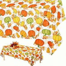 Set 1/3 Buah Taplak Meja Thanksgiving Musim Gugur dengan Desain , Ukuran 54*108 Inci Taplak Meja Persegi Panjang Sekali Pakai Motif Daun Musim Gugur untuk Pesta Thanksgiving, Liburan, dan Dapur. - Jeruk - View 1