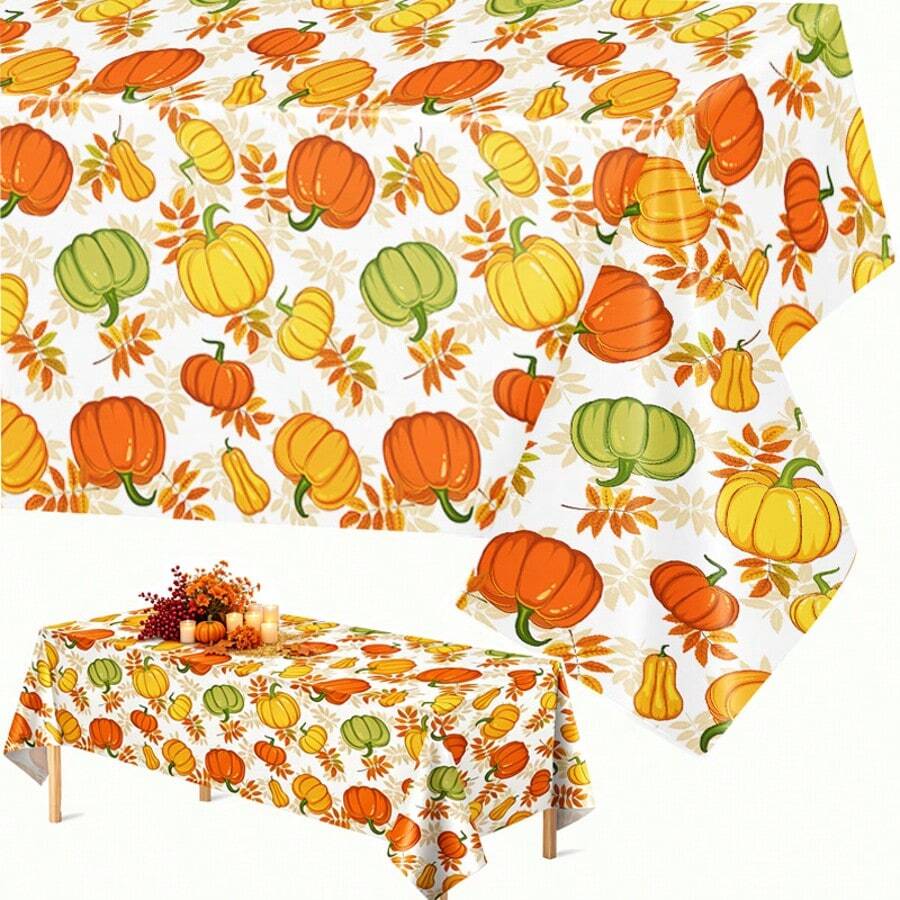 Set 1/3 Buah Taplak Meja Thanksgiving Musim Gugur dengan Desain , Ukuran 54*108 Inci Taplak Meja Persegi Panjang Sekali Pakai Motif Daun Musim Gugur untuk Pesta Thanksgiving, Liburan, dan Dapur. - Jeruk - View 1