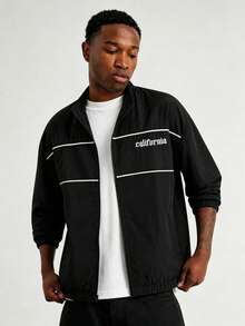 Men's Casual Loose Short Woven Flight Jacket, Solid Color Print, Spring/Autumn Outerwear - Black - View 1