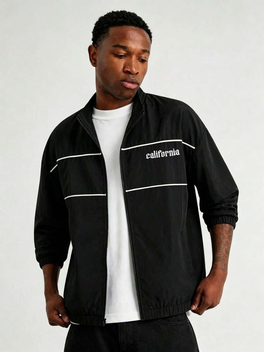 Men's Casual Loose Short Woven Flight Jacket, Solid Color Print, Spring/Autumn Outerwear - Black - View 1