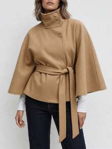 Women's Autumn/Winter Fashion Elegant Solid Color Cape Coat With Stand Collar And Waist Belt, Wool Blend Fall - Khaki - View 2