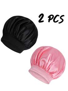 2 chiếc mũ ngủ bằng lụa, mũ trùm tóc bằng satin, mũ ngủ bằng lụa mềm mại, mũ che tóc xoăn bằng lụa. - Hồng - Xem 2