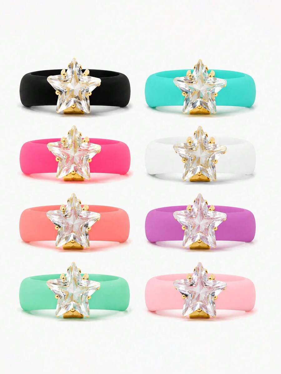 7-1pcs/Set Fashionable Glamorous Personalized Minimalist High-End Elegant Unique Exquisite Star Zirconia Silicone Rings For Women Daily Wear Holiday Party Jewelry - Multicolor - View 1